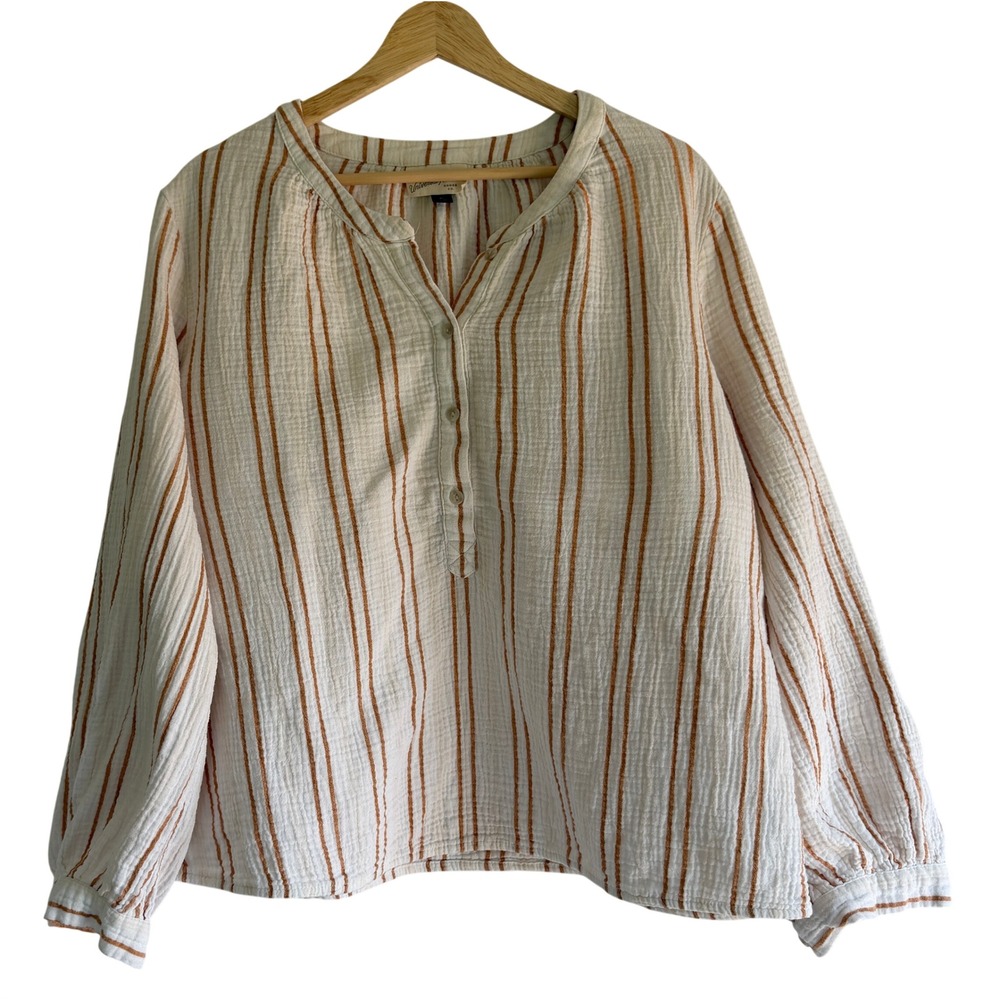Universal Thread XL Striped Cotton Gauze Henley Blouse Cream Rust Orange Top